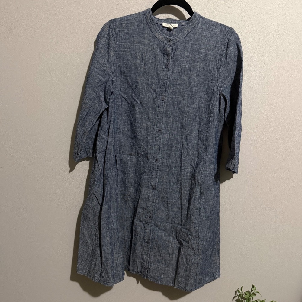 Eileen Fisher Blue Hemp Organic Cotton Button Front Shirt Dress R5HCC Womens S/P